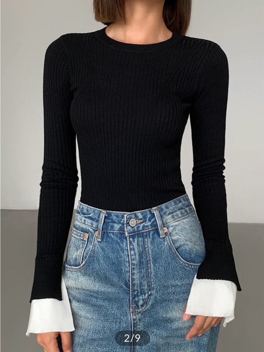 Commense Black Crewneck Sweater with White Cuff Detail Quiet Luxury NWT Size S